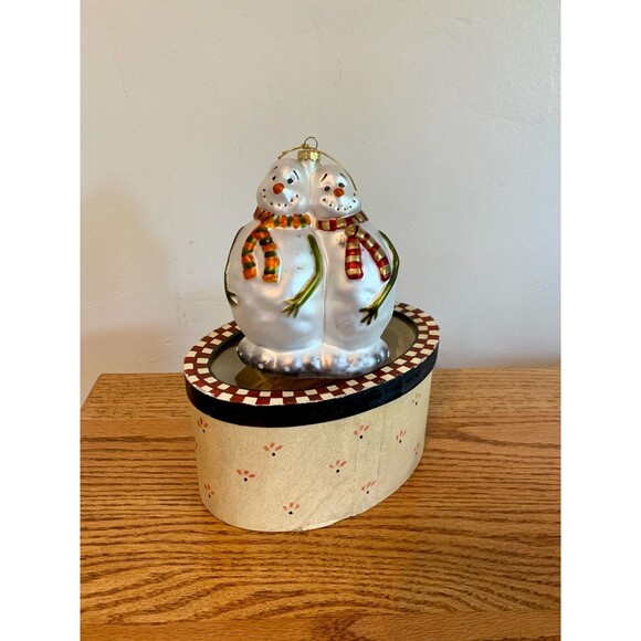 VTG 90s Primitive Snowman Couple Blown Glass Hand Painted Ornament w Box Xmas - Picture 6 of 16